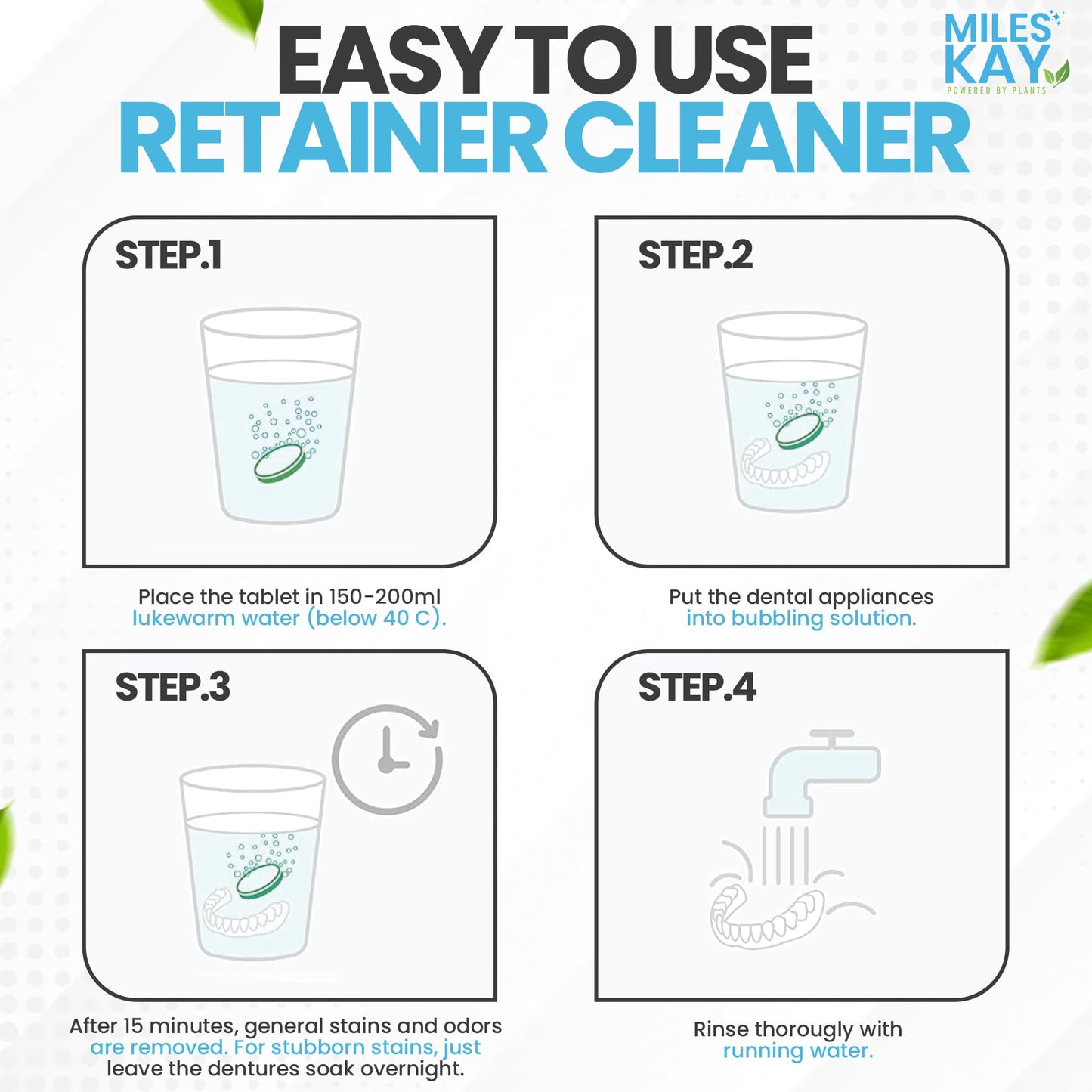 Retainer Cleaner 120 Tablets (4-Month Supply) – Keep Your Retainer Fresh, Retainer Bright and Stain-Free. Cleaning Tablets for Retainers, Ultrasonic & Dental Pod Compatible. Fresh Mint | Miles Kay