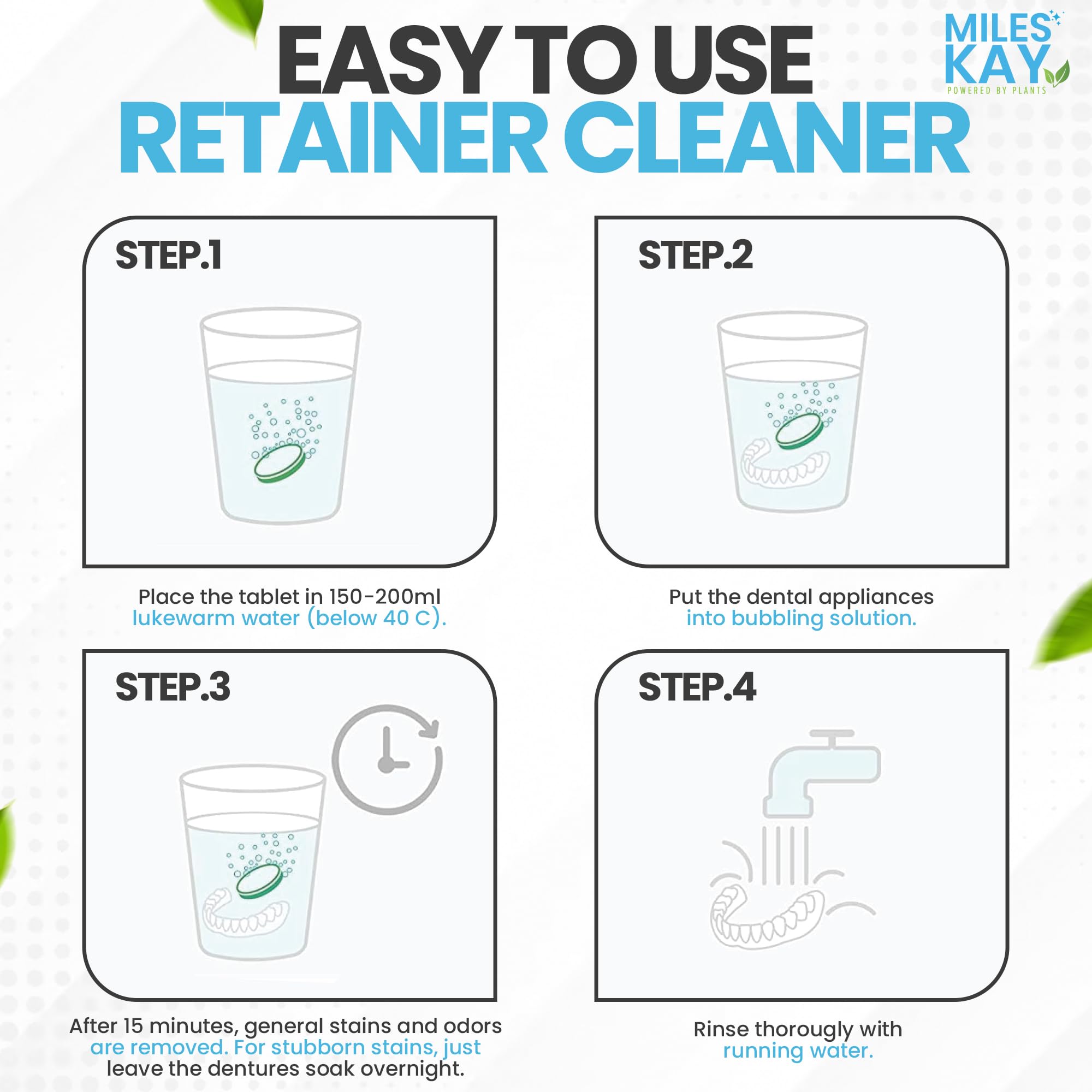 Retainer Cleaner 120 Tablets (4-Month Supply) – Keep Your Retainer Fresh, Retainer Bright and Stain-Free. Cleaning Tablets for Retainers, Ultrasonic & Dental Pod Compatible. Fresh Mint | Miles Kay