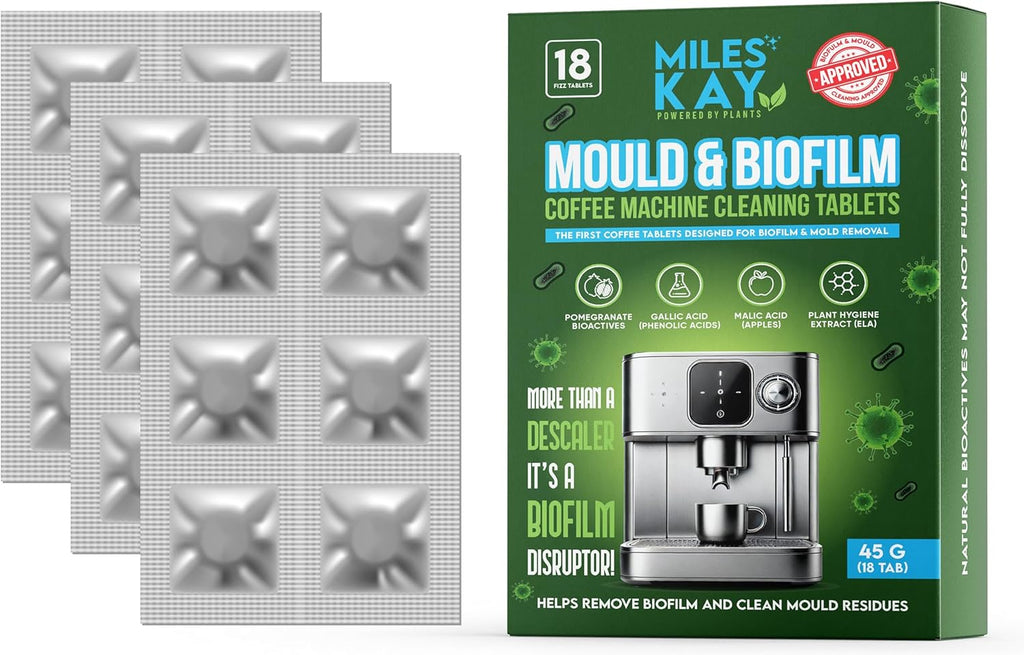 Coffee Mould & Biofilm Cleaning Tablets – 18 Pack | Coffee Machine Cleaner Tablets with Pomegranate, Malic Acid & Natural Surfactants | Foil Wrapped | 0% Bleach | Eco Formula